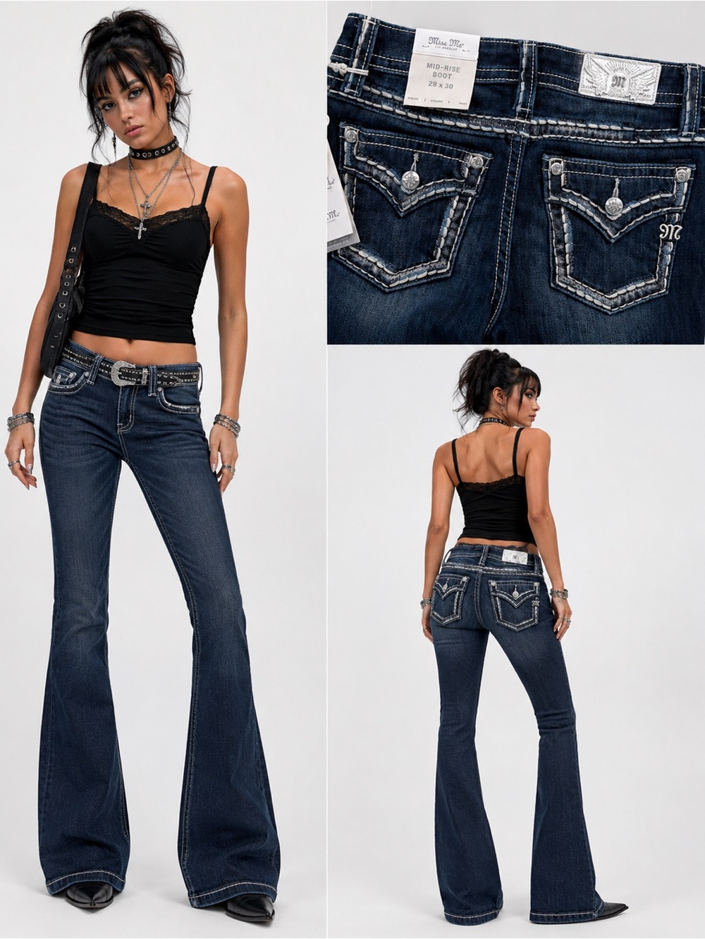Miss Me Dark Blue Flared Jeans with Embroidered Back Pockets